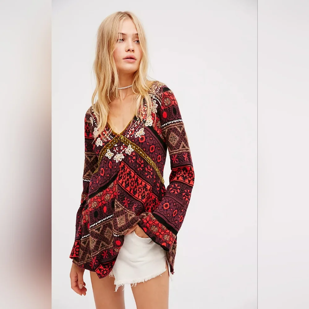 Free People World Traveler Alpaca Blend Embroidered Boho Pullover Sweater Knit M